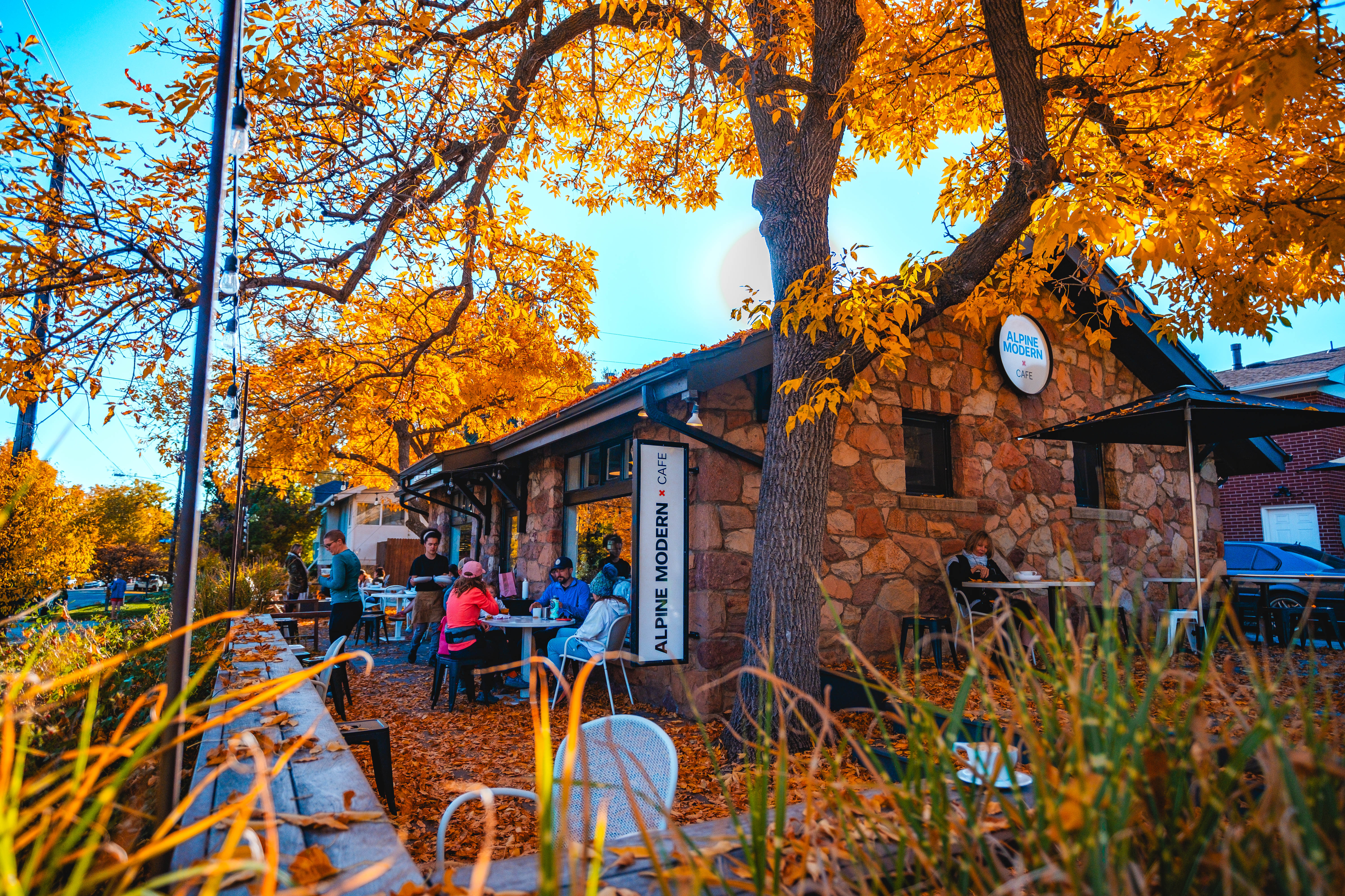 A warm lodge dining setting after a day on the road